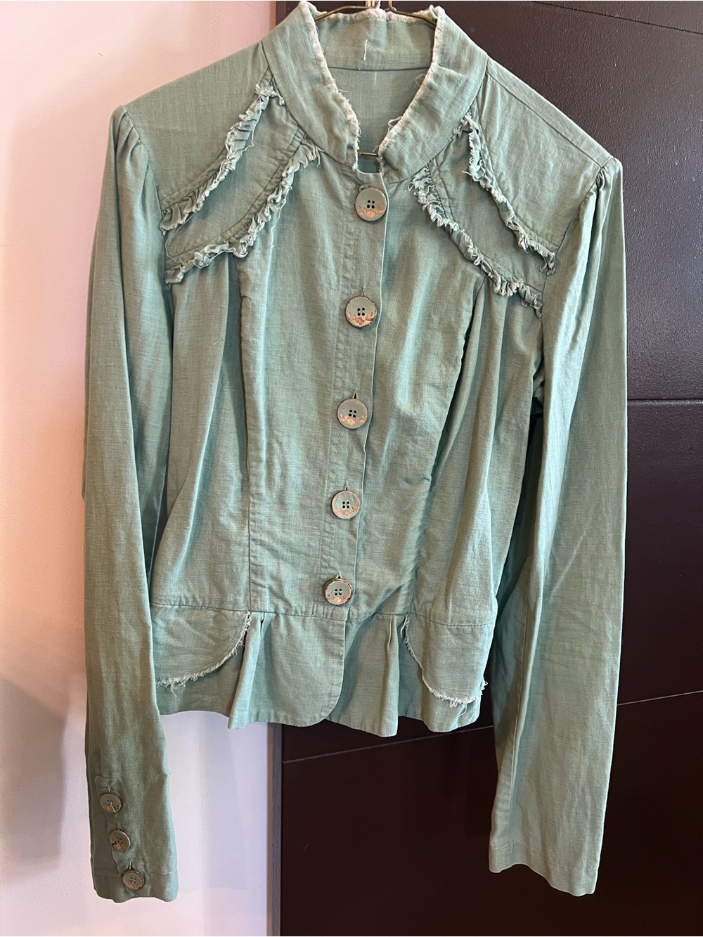 Boutique Sage Green Button-Up Ruffled Collar Linen Jacket